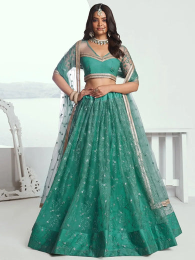 Amazing Rama Color Embroidered Net Engagement Wear Lehenga Choli - Ethnic Plus In